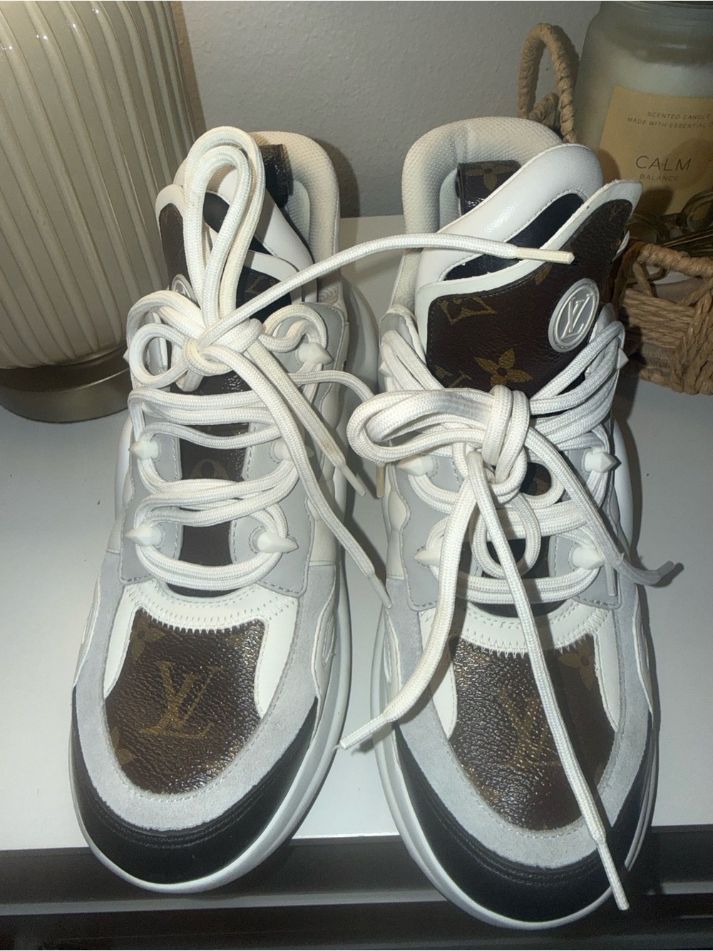 Louis Vuitton White, Brown & Black Kids Logo Panel Sneakers